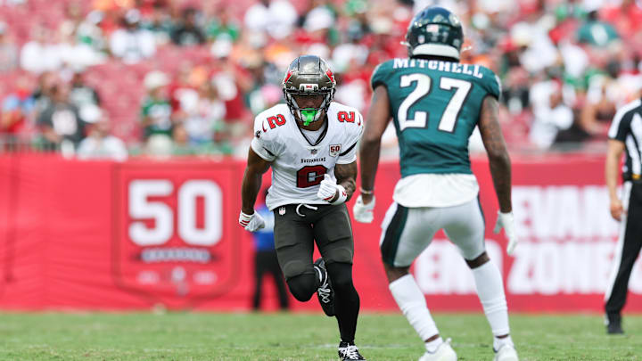 Sep 28, 2025; Tampa, Florida, USA; Tampa Bay Buccaneers wide receiver Emeka Egbuka (2) runs against Philadelphia Eagles cornerback Quinyon Mitchell (27) during the third quarter at Raymond James Stadium. Mandatory Credit: Nathan Ray Seebeck-Imagn Images Sep 28, 2025; Tampa, Florida, USA; Tampa Bay Buccaneers wide receiver Emeka Egbuka (2) runs against Philadelphia Eagles cornerback Quinyon Mitchell (27) during the third quarter at Raymond James Stadium. Mandatory Credit: Nathan Ray Seebeck-Imagn Images