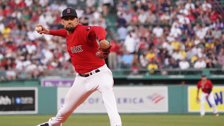 Boston Red Sox starting pitcher Nathan Eovaldi (17) throws a pitch against the New York Yankees in the first inning at Fenway Park in 2023.
