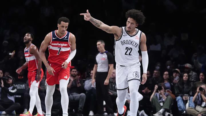Oct 14, 2024; Brooklyn, New York, USA; Brooklyn Nets forward Jalen Wilson (22) reacts to making a three-point shot against the Washington Wizards during the second half at Barclays Center. Mandatory Credit: Gregory Fisher-Imagn Images Oct 14, 2024; Brooklyn, New York, USA; Brooklyn Nets forward Jalen Wilson (22) reacts to making a three-point shot against the Washington Wizards during the second half at Barclays Center. Mandatory Credit: Gregory Fisher-Imagn Images