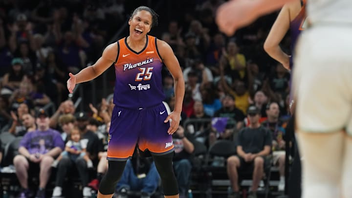 Mercury forward Alyssa Thomas (25) celebrates her assist against the New York Liberty at PHX Arena, Aug. 30, 2025, in Phoenix.