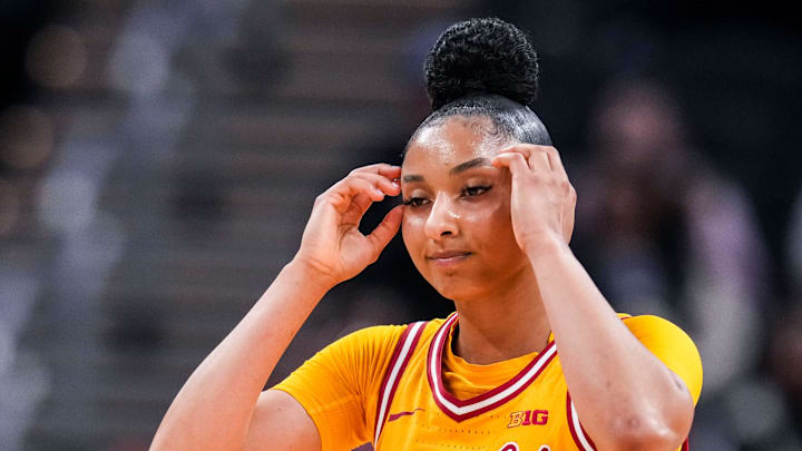 USC Trojans guard JuJu Watkins (12) reacts to the cation Saturday, March 8, 2025, in a semifinals game at the 2025 TIAA Big Ten Women's Basketball Tournament between the Iowa Hawkeyes and the Ohio State Buckeyes at Gainbridge Fieldhouse in Indianapolis. USC Trojans guard JuJu Watkins (12) reacts to the cation Saturday, March 8, 2025, in a semifinals game at the 2025 TIAA Big Ten Women's Basketball Tournament between the Iowa Hawkeyes and the Ohio State Buckeyes at Gainbridge Fieldhouse in Indianapolis.
