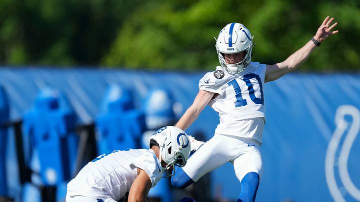 Indianapolis Colts kicker Blake Grupe (10) kicks during the team’s minicamp Thursday, June 11, 2026, at the Indiana Farm Bureau Football Center in Indianapolis. Indianapolis Colts kicker Blake Grupe (10) kicks during the team’s minicamp Thursday, June 11, 2026, at the Indiana Farm Bureau Football Center in Indianapolis.