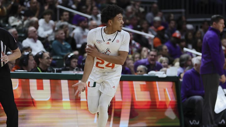 Jan 3, 2024; Coral Gables, Florida, USA; Miami Hurricanes guard Nijel Pack (24) reacts after scoring