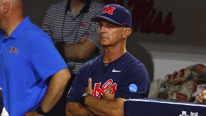 Jun 1, 2025; Oxford, MS, USA; Mississippi Rebels head coach Mike Bianco looks on during the ninth inning against the Murray State Racers. Mandatory Credit: Petre Thomas-Imagn Images