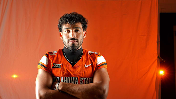 Oklahoma State kicker Gabe Panikowski poses for a photograph during the Oklahoma State Cowboys football media days in Gallagher-Iba Arena in Stillwater, Oklahoma, Saturday, Aug., 2, 2025.
