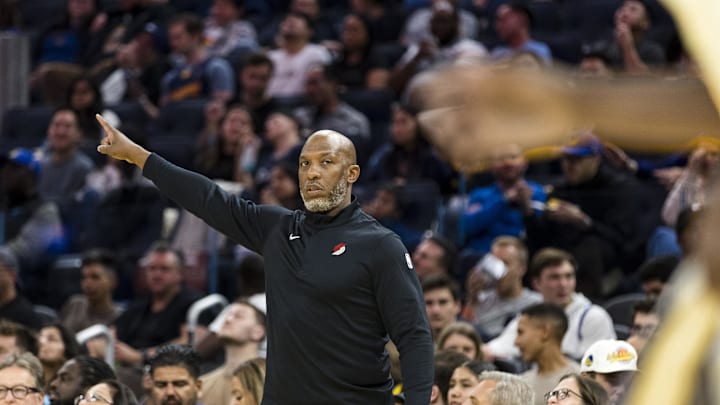 Oct 8, 2025; San Francisco, California, USA;  Portland Trail Blazers Head Coach Chauncey Billups gestures against the Golden State Warriors during the second quarter at Chase Center. Mandatory Credit: John Hefti-Imagn Images