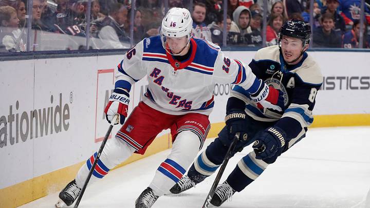 Oct 17, 2026; Columbus, Ohio, USA; Columbus Blue Jackets defenseman Zach Werenski (8) tips the puck away from New York Rangers right wing Pavel Dorofeyev (16) during the first period at Nationwide Arena. Mandatory Credit: Russell LaBounty-Imagn Images Oct 17, 2026; Columbus, Ohio, USA; Columbus Blue Jackets defenseman Zach Werenski (8) tips the puck away from New York Rangers right wing Pavel Dorofeyev (16) during the first period at Nationwide Arena. Mandatory Credit: Russell LaBounty-Imagn Images