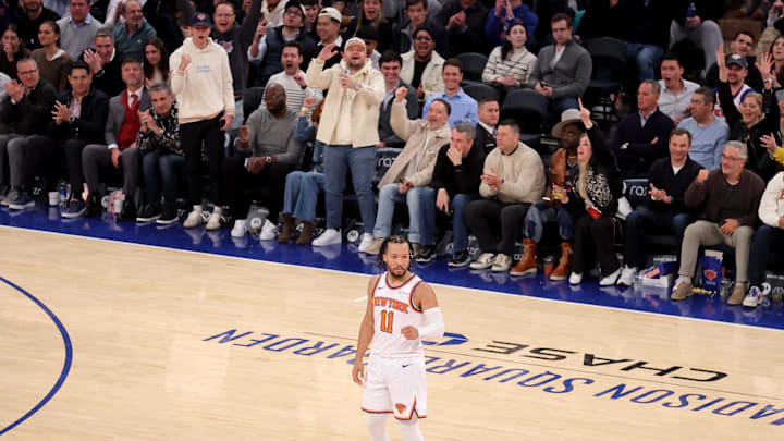 Jan 13, 2025; New York, New York, USA; New York Knicks guard Jalen Brunson (11) reacts after a basket and a foul during the fourth quarter against the Detroit Pistons at Madison Square Garden. Mandatory Credit: Brad Penner-Imagn Images