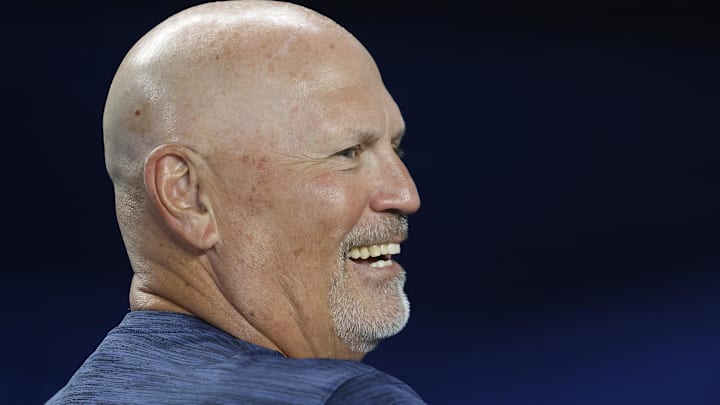 Jun 21, 2025; Miami, Florida, USA;  Atlanta Braves manager Brian Snitker (43) smiles in the dugout against the Miami Marlins before the game at loanDepot Park. Mandatory Credit: Rhona Wise-Imagn Images