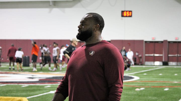 FSU offensive line coach Alex Atkins at a Tour of Duty conditioning workout on Feb. 13, 2020.

Img 5128