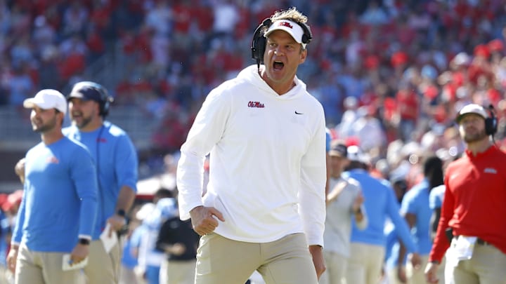 Nov 4, 2023; Oxford, Mississippi, USA; Mississippi Rebels head coach Lane Kiffin reacts after a touchdown during the second half against the Texas A&M Aggies at Vaught-Hemingway Stadium. Mandatory Credit: Petre Thomas-Imagn Images