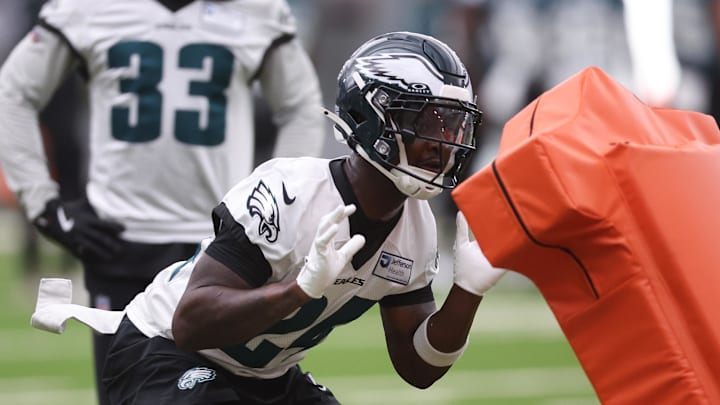 May 28, 2025; Philadelphia, PA, USA; Philadelphia Eagles safety Andrew Mukuba (24) practices during OTAs at NovaCare Complex. Mandatory Credit: Bill Streicher-Imagn Images