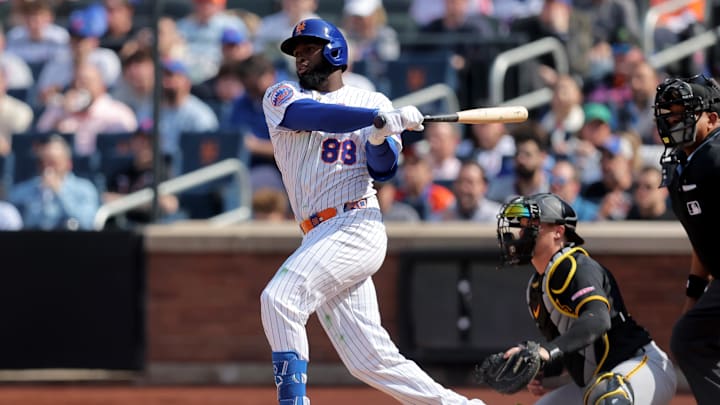 Mar 26, 2026; New York City, New York, USA; New York Mets center fielder Luis Robert Jr. (88) follows through on an RBI single against the Pittsburgh Pirates during the fourth inning at Citi Field. Mandatory Credit: Brad Penner-Imagn Images Mar 26, 2026; New York City, New York, USA; New York Mets center fielder Luis Robert Jr. (88) follows through on an RBI single against the Pittsburgh Pirates during the fourth inning at Citi Field. Mandatory Credit: Brad Penner-Imagn Images