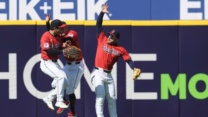 Apr 21, 2024; Cleveland, Ohio, USA; Cleveland Guardians left fielder Steven Kwan (38) and center fielder Ramon Laureano (10) and right fielder Will Brennan (17) celebrate after the Guardians beat the Oakland Athletics at Progressive Field. Apr 21, 2024; Cleveland, Ohio, USA; Cleveland Guardians left fielder Steven Kwan (38) and center fielder Ramon Laureano (10) and right fielder Will Brennan (17) celebrate after the Guardians beat the Oakland Athletics at Progressive Field.