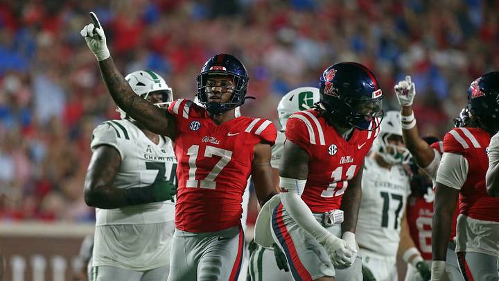 Sep 12, 2026; Oxford, Mississippi, USA; Mississippi Rebels defensive end Jonathan Maldonado (17) reacts after a defensive stop during the second quarter against the Charlotte 49ers at Vaught-Hemingway Stadium. Mandatory Credit: Petre Thomas-Imagn Images Sep 12, 2026; Oxford, Mississippi, USA; Mississippi Rebels defensive end Jonathan Maldonado (17) reacts after a defensive stop during the second quarter against the Charlotte 49ers at Vaught-Hemingway Stadium. Mandatory Credit: Petre Thomas-Imagn Images