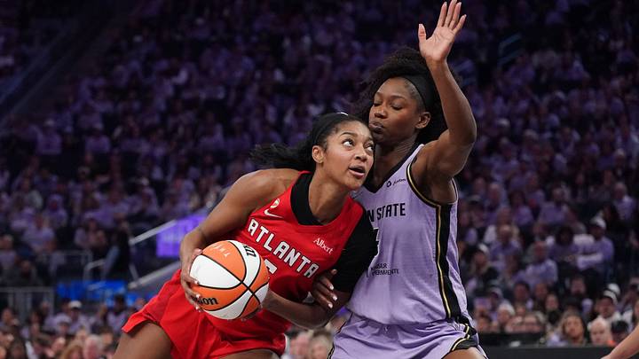 Oct 19, 2026; San Francisco, California, USA;  Atlanta Dream forward Angel Reese (5) dribbles against Golden State Valkyries guard-forward Kaila Charles (6) in the fourth quarter of game two of the 2026 WNBA Finals at Chase Center.  Mandatory Credit: David Gonzales-Imagn Images