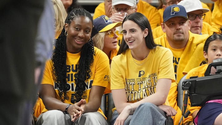 Jun 11, 2025; Indianapolis, Indiana, USA; Caitlin Clark attends game three of the 2025 NBA Finals between the Oklahoma City Thunder and the Indiana Pacers at Gainbridge Fieldhouse. Mandatory Credit: Kyle Terada-Imagn Images
