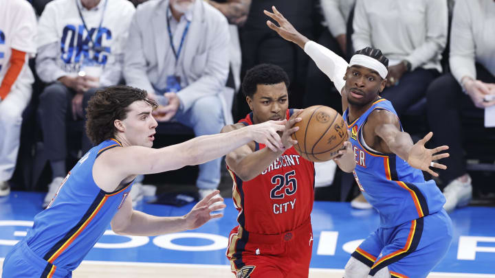 Apr 24, 2024; Oklahoma City, Oklahoma, USA; New Orleans Pelicans guard Trey Murphy III (25) drives
