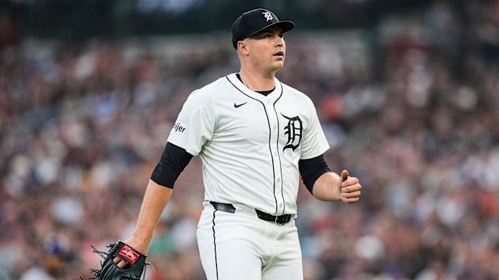 Detroit Tigers pitcher Tarik Skubal reacts after finishing a pitch in the sixth inning against Chicago Cubs at Comerica Park in Detroit.