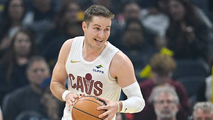 Mar 25, 2026; Cleveland, Ohio, USA; Cleveland Cavaliers guard Sam Merrill (5) brings the ball up court in the third quarter against the Miami Heat at Rocket Arena. Mandatory Credit: David Richard-Imagn Images Mar 25, 2026; Cleveland, Ohio, USA; Cleveland Cavaliers guard Sam Merrill (5) brings the ball up court in the third quarter against the Miami Heat at Rocket Arena. Mandatory Credit: David Richard-Imagn Images