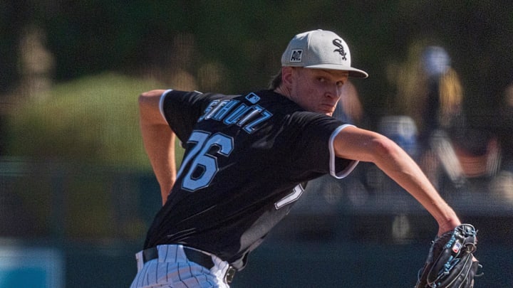 Chicago White Sox pitcher Noah Schultz (76) throws the first pitches of his major league career during the fifth inning of a spring training game against the San Diego Padres at Camelback Ranch. Mandatory Credit: Allan Henry-Imagn Images 