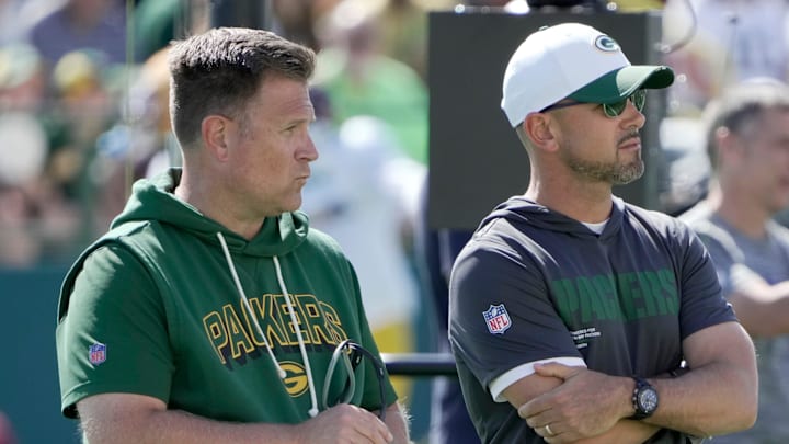 Green Bay Packers general manager Brian Gutekunst, left and head coach Matt LaFleur are shown during a joint practice with the Seattle Seahawks Thursday, August 21, 2025 in Green Bay, Wisconsin.