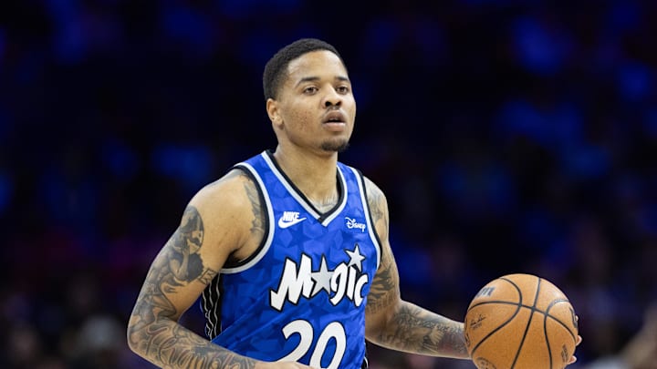 Apr 12, 2024; Philadelphia, Pennsylvania, USA; Orlando Magic guard Markelle Fultz (20) dribbles the ball against the Philadelphia 76ers during the second quarter at Wells Fargo Center. Mandatory Credit: Bill Streicher-Imagn Images