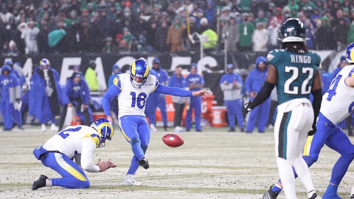 Jan 19, 2025; Philadelphia, Pennsylvania, USA; Los Angeles Rams place kicker Joshua Karty (16) kicks a field goal in the third quarter against the Philadelphia Eagles in a 2025 NFC divisional round game at Lincoln Financial Field. Mandatory Credit: Bill Streicher-Imagn Images