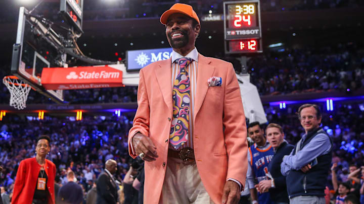 May 8, 2024; New York, New York, USA; Former NBA player and basketball hall of fame member Walt Frazier during game two of the second round for the 2024 NBA playoffs at Madison Square Garden. Mandatory Credit: Wendell Cruz-Imagn Images