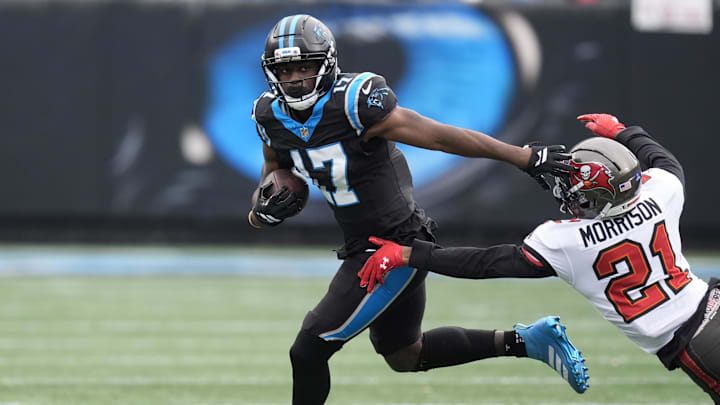 Carolina Panthers wide receiver Xavier Legette (17) runs against Tampa Bay Buccaneers cornerback Benjamin Morrison 