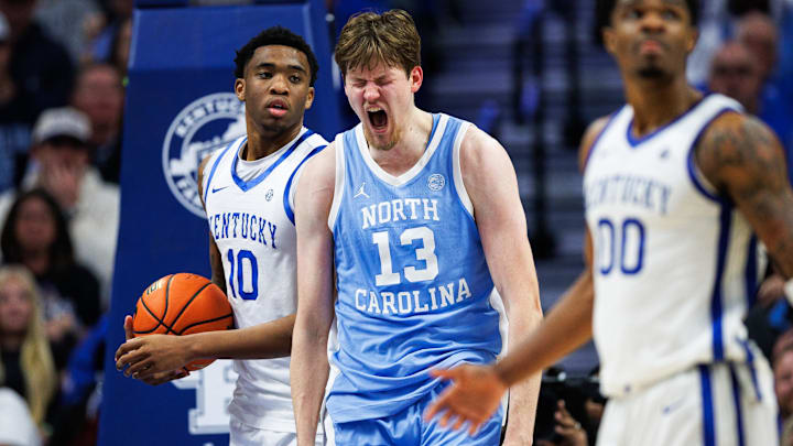 Dec 2, 2025; Lexington, Kentucky, USA; North Carolina Tar Heels center Henri Veesaar (13) celebrates a basket during the second half against the Kentucky Wildcats at Rupp Arena at Central Bank Center. Mandatory Credit: Jordan Prather-Imagn Images