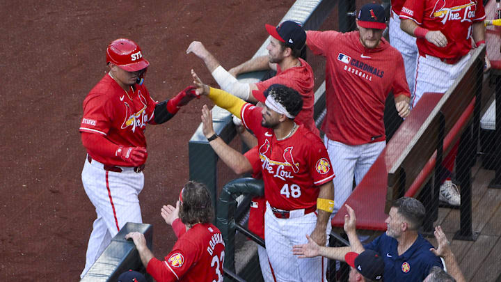 Jul 25, 2025; St. Louis, Missouri, USA; St. Louis Cardinals catcher Yohel Pozo (63) is congratulated by teammates after driving in a run against the San Diego Padres during the second inning at Busch Stadium. Mandatory Credit: Jeff Curry-Imagn Images Jul 25, 2025; St. Louis, Missouri, USA; St. Louis Cardinals catcher Yohel Pozo (63) is congratulated by teammates after driving in a run against the San Diego Padres during the second inning at Busch Stadium. Mandatory Credit: Jeff Curry-Imagn Images