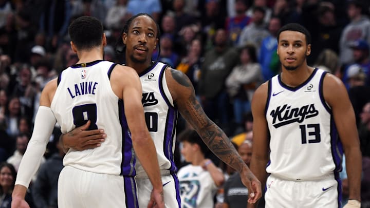 Nov 22, 2025; Denver, Colorado, USA; Sacramento Kings guard DeMar DeRozan (10) celebrates with guard Zach LaVine (8) after a made shot late in the second half of a win against the Denver Nuggets at Ball Arena. Mandatory Credit: Christopher Hanewinckel-Imagn Images