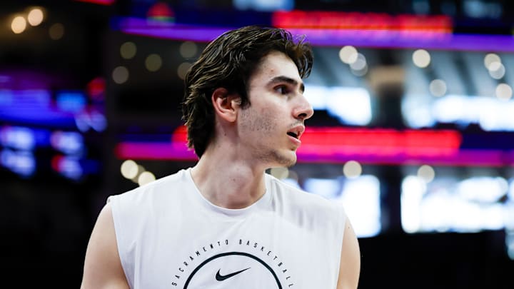 Mar 19, 2026; Sacramento, California, USA; Sacramento Kings center Maxime Raynaud (42) during warm ups before the game against the Philadelphia 76ers at Golden 1 Center.