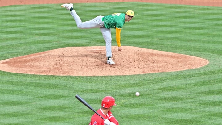 Mar 6, 2024; Tempe, Arizona, USA;  Oakland Athletics relief pitcher Joe Boyle (35) throws to Los