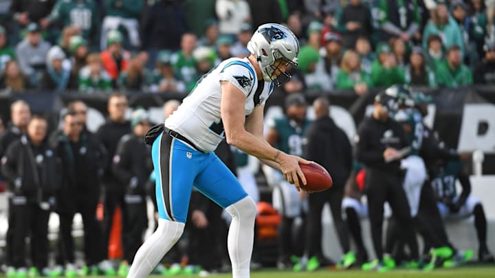 Dec 8, 2024; Philadelphia, Pennsylvania, USA; Carolina Panthers punter Johnny Hekker (10) against the Philadelphia Eagles at Lincoln Financial Field. Mandatory Credit: Eric Hartline-Imagn Images