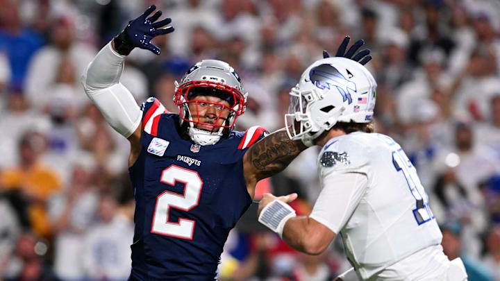 Oct 5, 2025; Orchard Park, New York, USA; New England Patriots linebacker Harold Landry III (2) pressures Buffalo Bills quarterback Josh Allen (17) during the first half