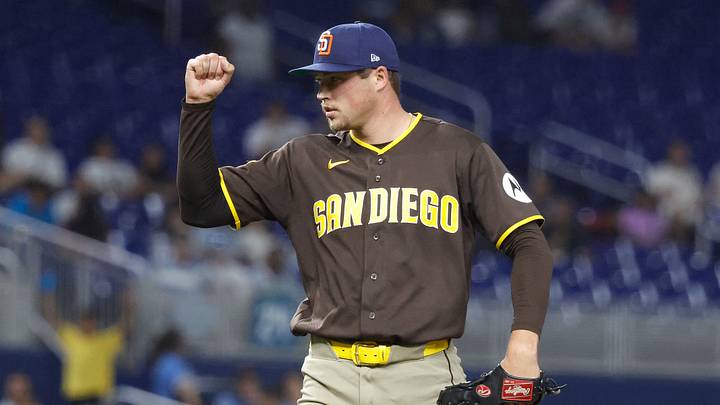 Jul 24, 2026; Miami, Florida, USA; San Diego Padres relief pitcher Mason Miller (22) reacts against the Miami Marlins catcher following the game at loanDepot Park. Mandatory Credit: Rhona Wise-Imagn Images Jul 24, 2026; Miami, Florida, USA; San Diego Padres relief pitcher Mason Miller (22) reacts against the Miami Marlins catcher following the game at loanDepot Park. Mandatory Credit: Rhona Wise-Imagn Images