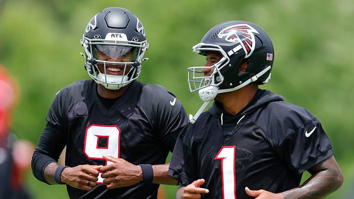 FLOWERY BRANCH, GEORGIA - MAY 27: Michael Penix Jr. #9 and Tua Tagovailoa #1 of the Atlanta Falcons laugh during OTA's at IBM Performance Field on May 27, 2026 in Flowery Branch, Georgia. (Photo by Todd Kirkland/Getty Images) FLOWERY BRANCH, GEORGIA - MAY 27: Michael Penix Jr. #9 and Tua Tagovailoa #1 of the Atlanta Falcons laugh during OTA's at IBM Performance Field on May 27, 2026 in Flowery Branch, Georgia. (Photo by Todd Kirkland/Getty Images)