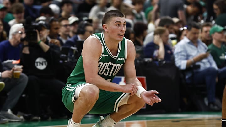 Apr 23, 2025; Boston, Massachusetts, USA; Boston Celtics guard Payton Pritchard (11) looks on during the second quarter of game two of the first round of the 2024 NBA Playoffs against the Orlando Magic at TD Garden. Mandatory Credit: Winslow Townson-Imagn Images