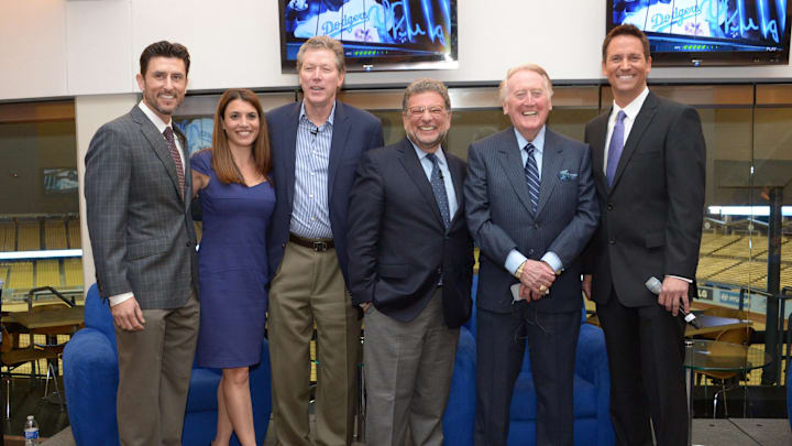Feb 10, 2014; Los Angeles, CA, USA; Sportsnet LA broadcasters at 2014 Los Angeles Dodgers preview at Dodger Stadium. From left: Nomar Garciaparra and Alanna Rizzo and Orel Hershiser and Charley Steiner and Vin Scully and John Hartung. Mandatory Credit: Kirby Lee-Imagn Images Feb 10, 2014; Los Angeles, CA, USA; Sportsnet LA broadcasters at 2014 Los Angeles Dodgers preview at Dodger Stadium. From left: Nomar Garciaparra and Alanna Rizzo and Orel Hershiser and Charley Steiner and Vin Scully and John Hartung. Mandatory Credit: Kirby Lee-Imagn Images