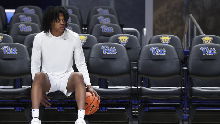 Jan 31, 2024; Pittsburgh, Pennsylvania, USA; Pittsburgh Panthers guard Carlton Carrington (7) looks on during warm ups before the game against the Wake Forest Demon Deacons at the Petersen Events Center. Mandatory Credit: Charles LeClaire-USA TODAY Sports