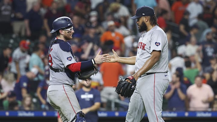 Aug 20, 2024; Houston, Texas, USA; Boston Red Sox relief pitcher Kenley Jansen (74) celebrates with catcher Danny Jansen (28) after the game against the Houston Astros at Minute Maid Park. Mandatory Credit: Troy Taormina-Imagn Images