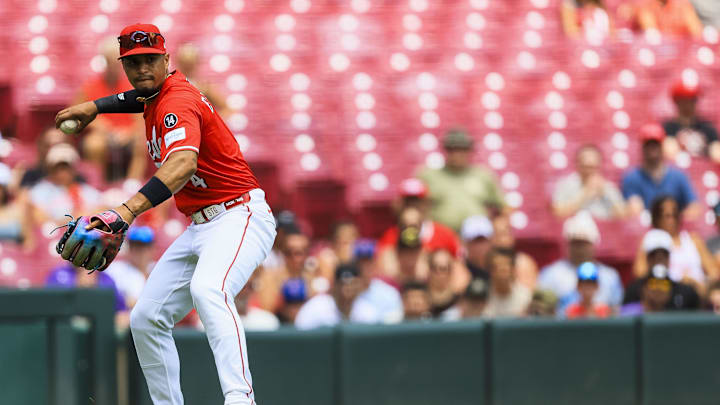 Jul 13, 2025; Cincinnati, Ohio, USA; Cincinnati Reds third baseman Santiago Espinal (4) throws to first to get Colorado Rockies shortstop Ryan Ritter (not pictured) out in the third inning at Great American Ball Park. Mandatory Credit: Katie Stratman-Imagn Images Jul 13, 2025; Cincinnati, Ohio, USA; Cincinnati Reds third baseman Santiago Espinal (4) throws to first to get Colorado Rockies shortstop Ryan Ritter (not pictured) out in the third inning at Great American Ball Park. Mandatory Credit: Katie Stratman-Imagn Images