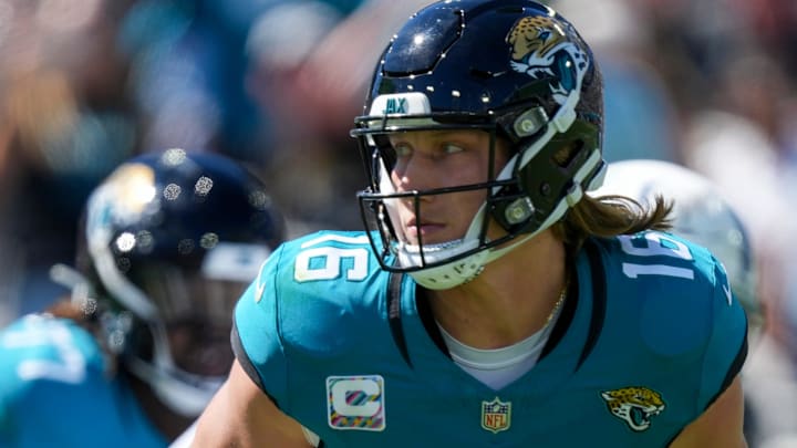 Jacksonville Jaguars quarterback Trevor Lawrence (16) is pressured during game action at EverBank Stadium on Sunday, Oct 15, 2023, in Jacksonville.
