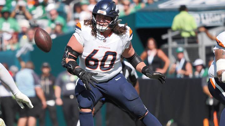 PHILADELPHIA, PA - OCTOBER 05: Denver Broncos center Luke Wattenberg (60) sets up to block during the game between the Denver Broncos and the Philadelphia Eagles on October 5, 2025 at Lincoln Financial Field in Philadelphia, PA.