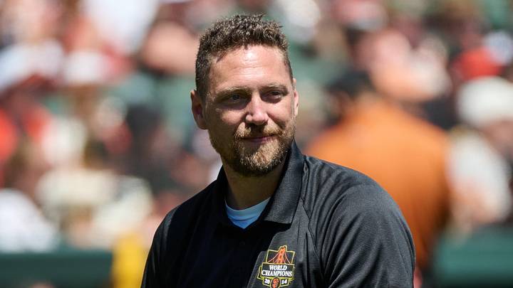 Aug 10, 2024; San Francisco, California, USA; Former San Francisco Giants outfielder Hunter Pence listens during a ceremony celebrating the tenth anniversary of the Giants' 2014 World Series championship at Oracle Park. Mandatory Credit: Robert Edwards-Imagn Images Aug 10, 2024; San Francisco, California, USA; Former San Francisco Giants outfielder Hunter Pence listens during a ceremony celebrating the tenth anniversary of the Giants' 2014 World Series championship at Oracle Park. Mandatory Credit: Robert Edwards-Imagn Images