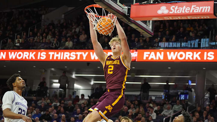 Jan 3, 2026; Evanston, Illinois, USA; Minnesota Golden Gophers forward Grayson Grove (2) dunks the ball against the Northwestern Wildcats during the second half at Welsh-Ryan Arena. Mandatory Credit: David Banks-Imagn Images