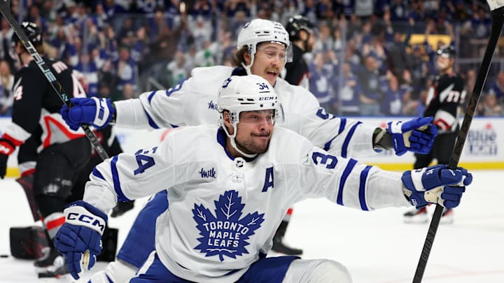 Mar 30, 2024; Buffalo, New York, USA;  Toronto Maple Leafs center Auston Matthews (34) reacts after