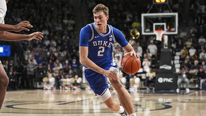 Dec 21, 2024; Atlanta, Georgia, USA; Duke Blue Devils guard Cooper Flagg (2) in action  against the Georgia Tech Yellow Jackets during the first half at McCamish Pavilion. Mandatory Credit: Dale Zanine-Imagn Images